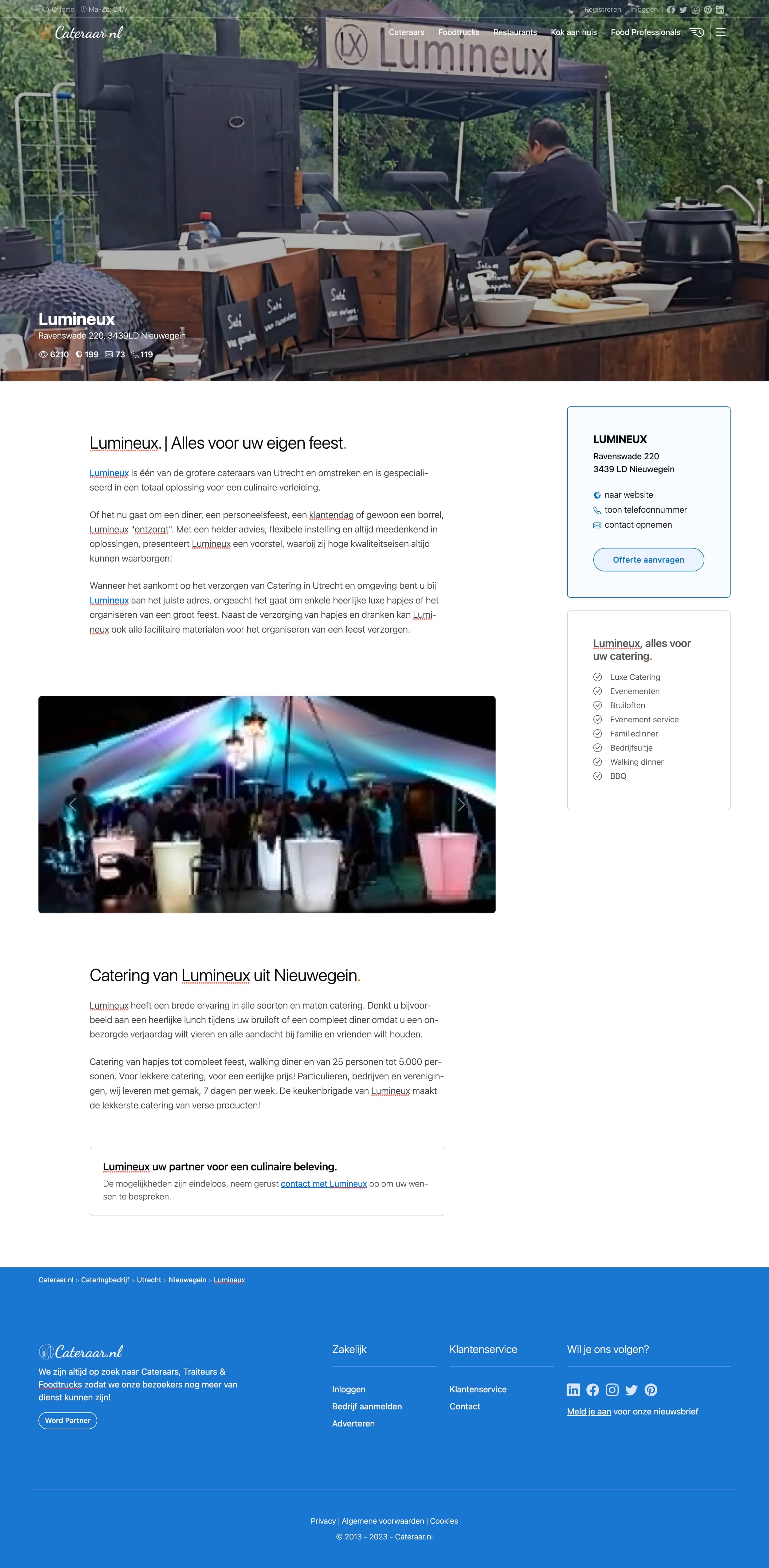 Voorbeeld van een premium vermelding met uitgebreide bedrijfspresentatie op Cateraar.nl